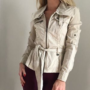 Armani fitted beige zip drawstring biker jacket